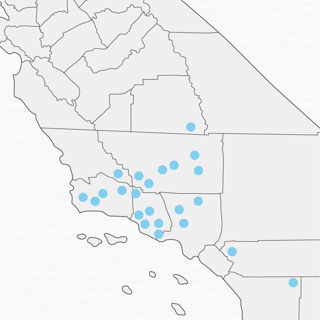 California map with every city where Nova's Water Restoration Inc. services marked.